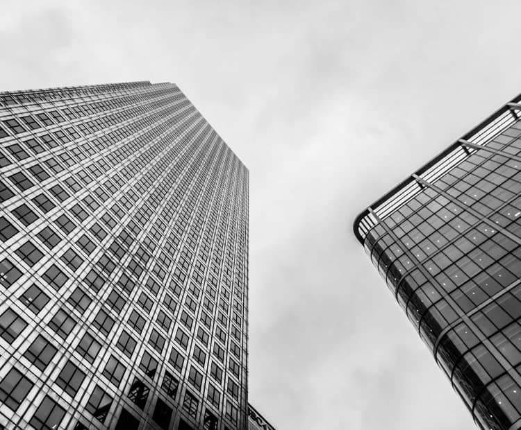Black and white image of two high rise buildings